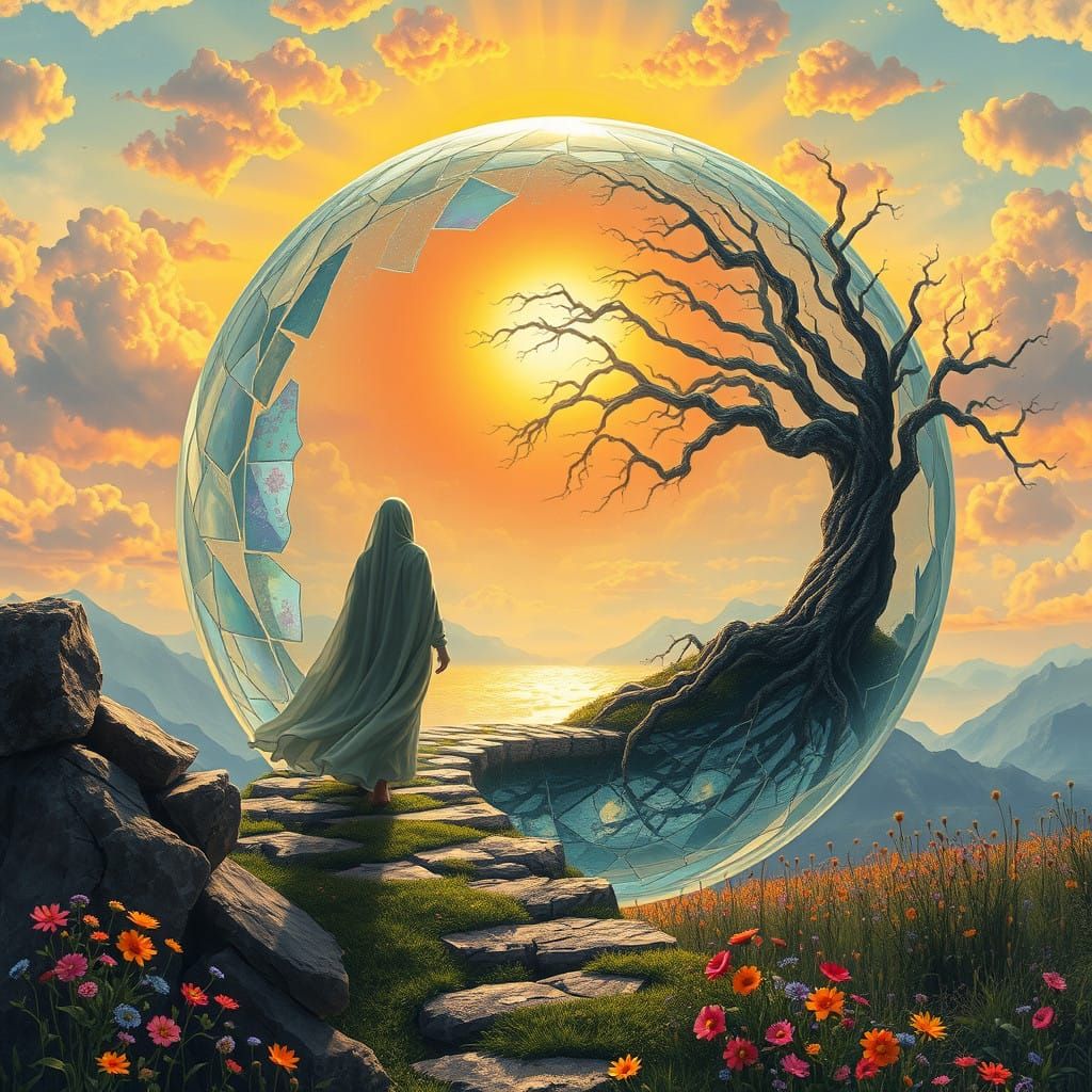 Ethereal Landscape Unfolds Within Shattered Glass Orb