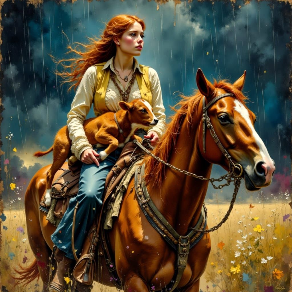 Cowgirl Battles Storm with Calf on Horseback, 19th Century P...