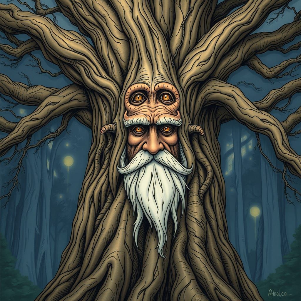 Majestic Anthropomorphic Tree with Hidden Face of a Wise Old...