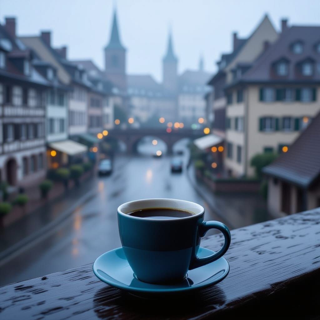 Rainy Strasbourg Rooftop Coffee: Realistic Photography