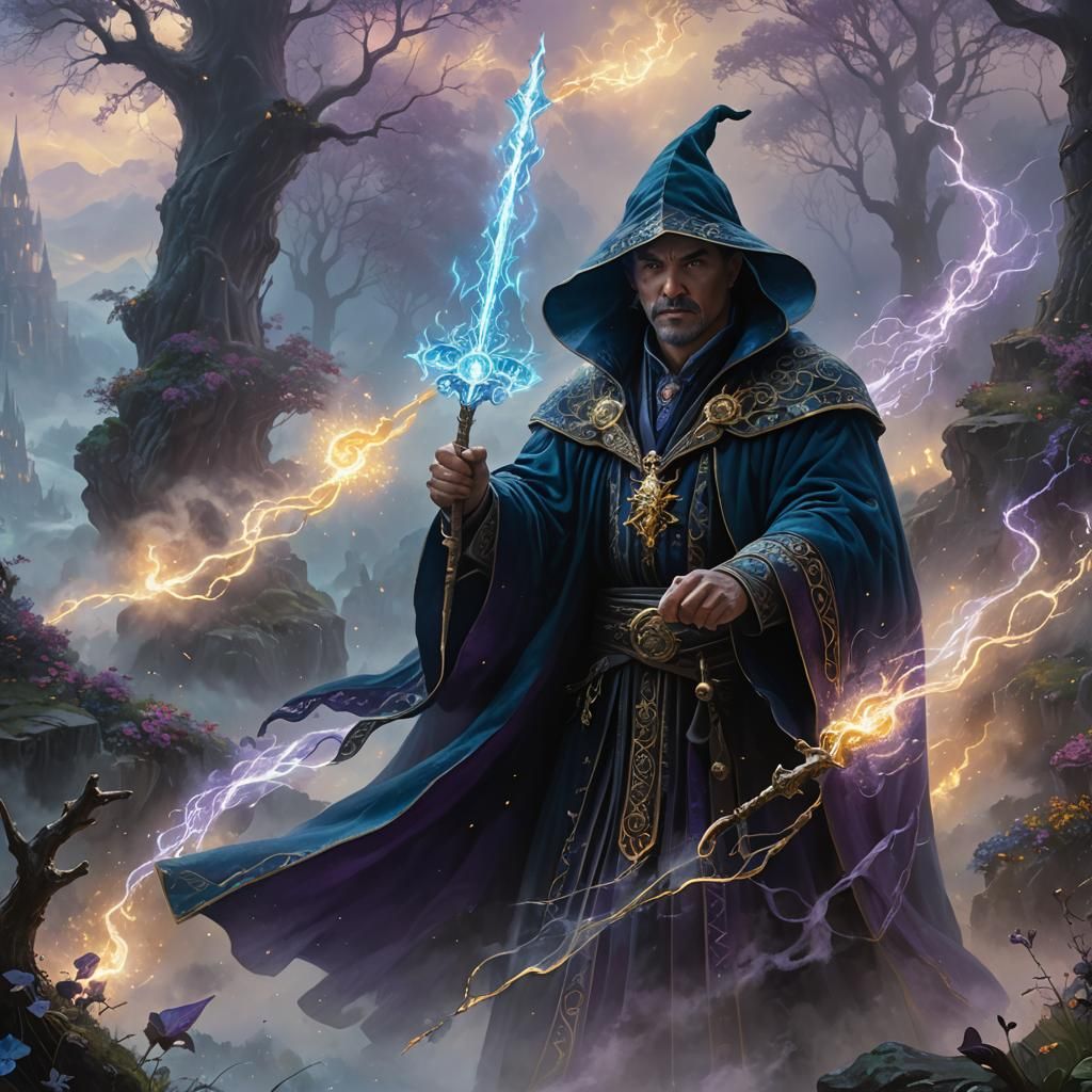 Ethereal Sorcerer with Glowing Staff in Dreamlike Setting