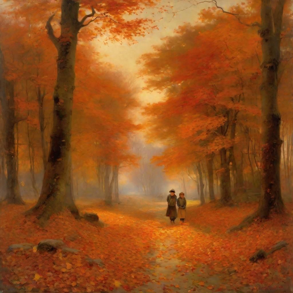 Golden Autumn Afternoon Painting with Children Playing