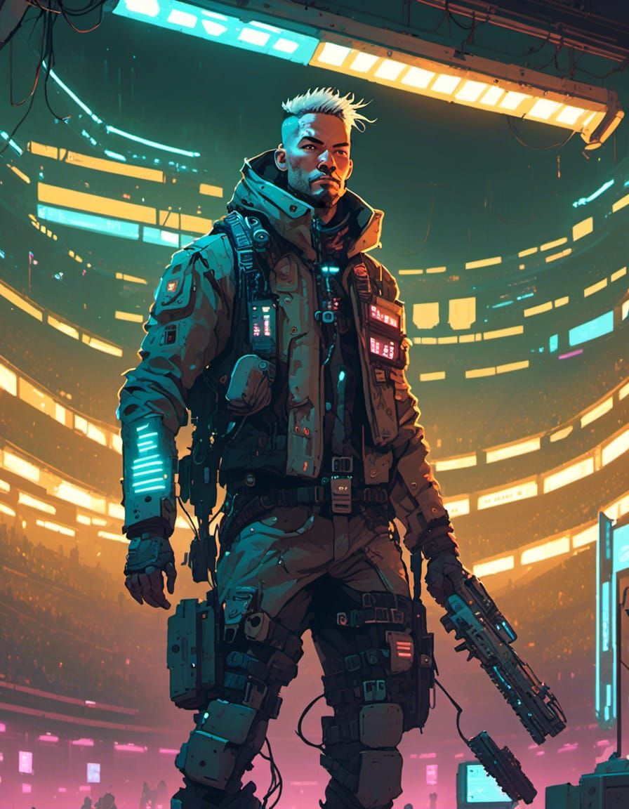 Cybernetic Arena Combatant in Cyberpunk Style