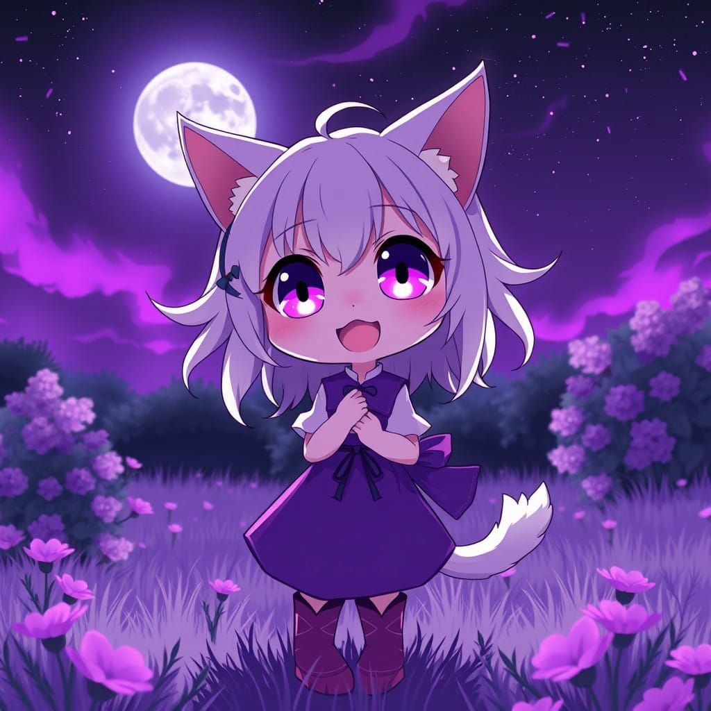 Whimsical Cyberpunk Catgirl Under Purple Twilight