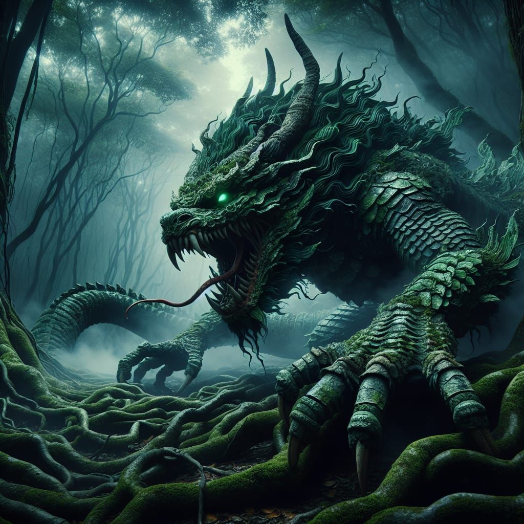 Dark Fantasy Oni Demon Unleashes Terror in Shadowy Forest