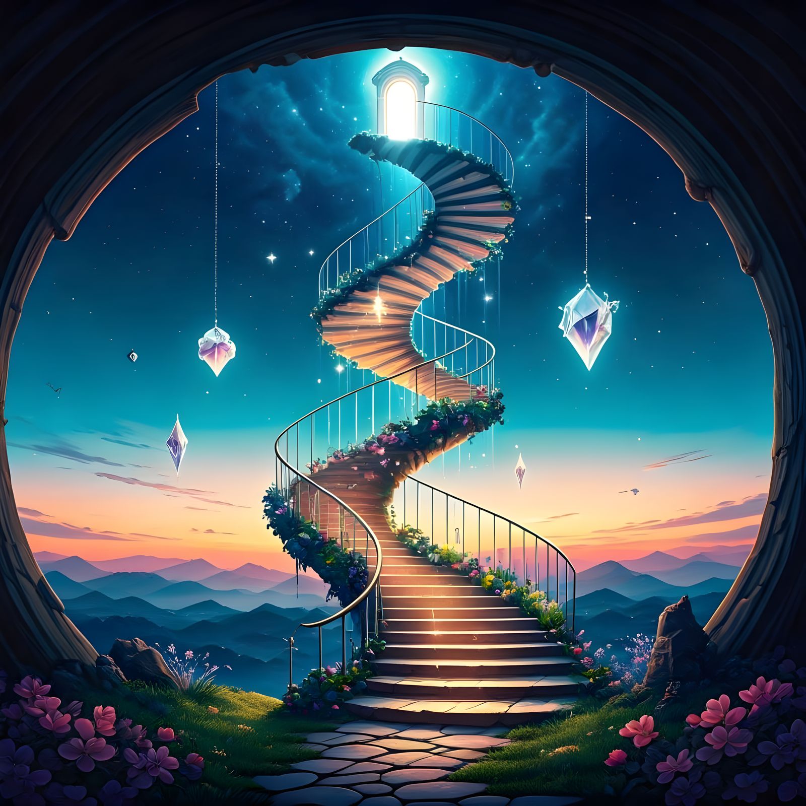 Surreal Whimsical Staircase to Celestial Realm