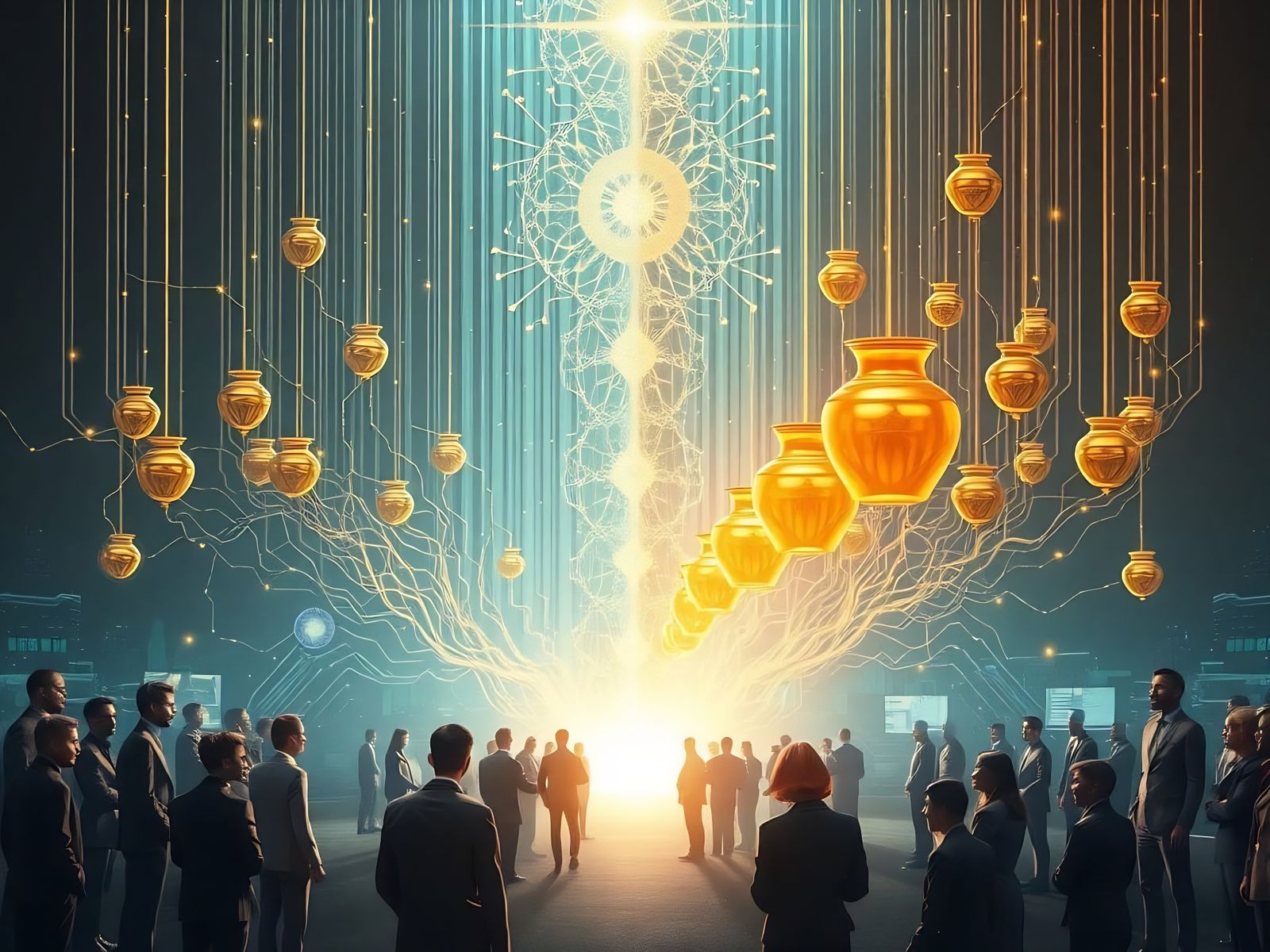 Surreal Corporate Utopia with Glowing Streams of Knowledge