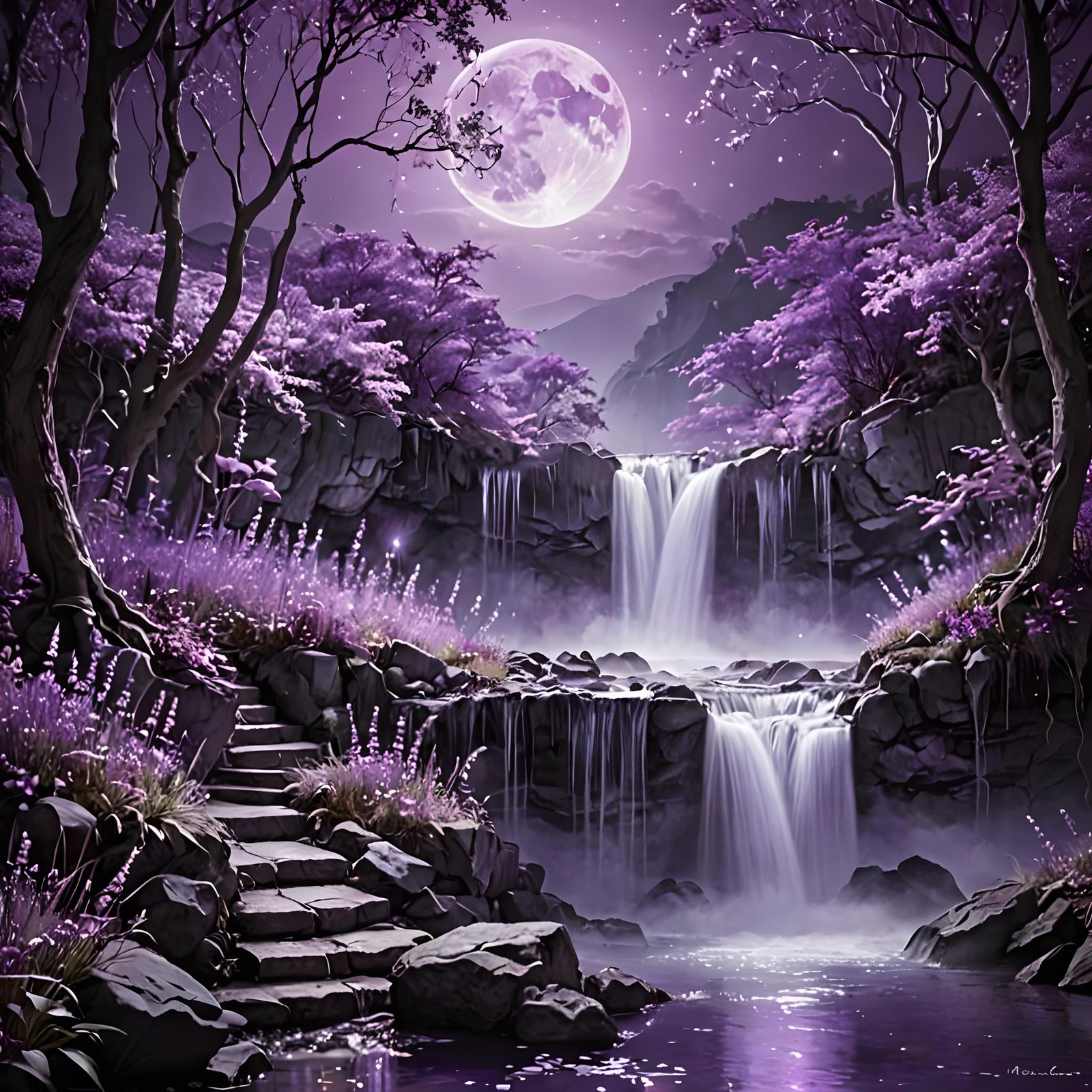 Purple Moonlight Illuminates Waterfall Dreamscape