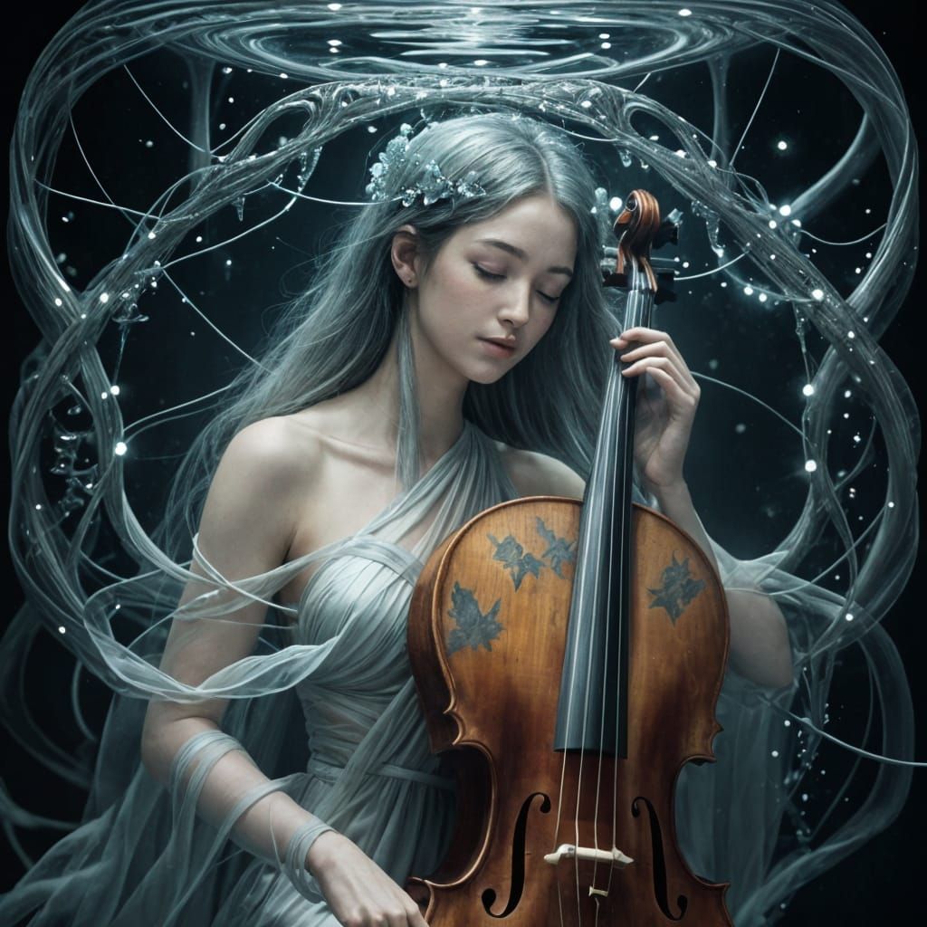 Ethereal Nymph in Starlight Cello: Magical Realism Art
