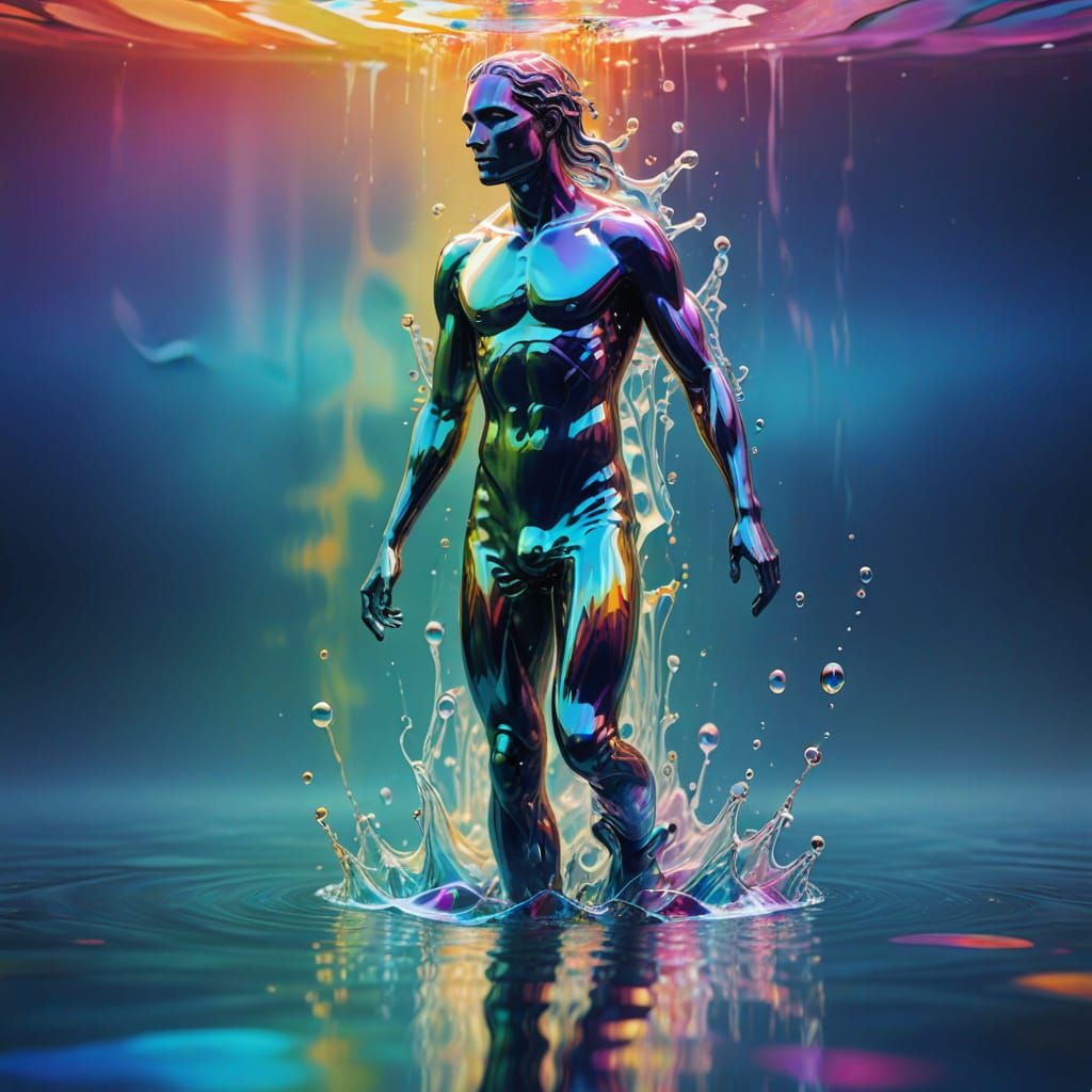 Surreal Translucent Figure Walking on Water in Vibrant Splas...