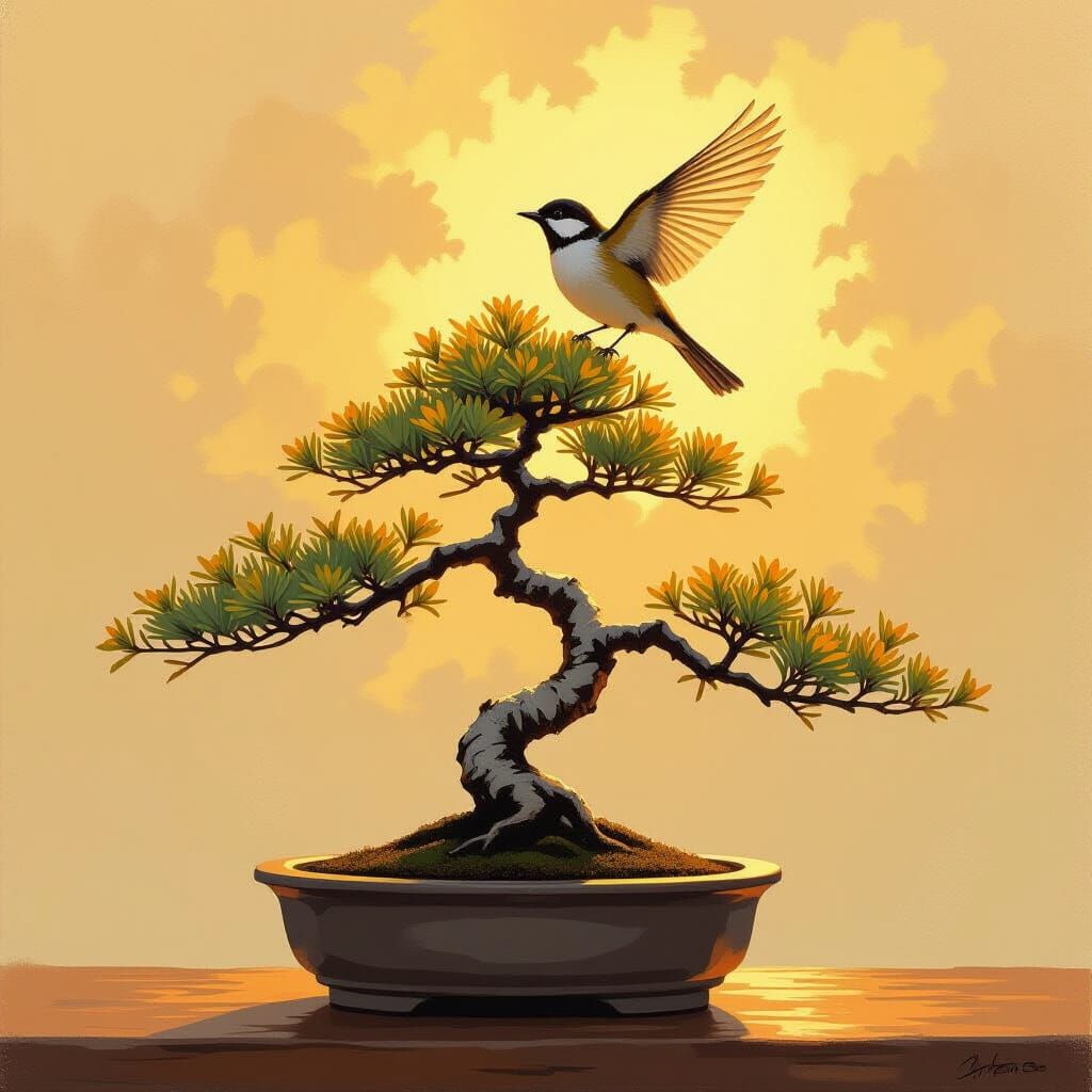 Bonsai Tree with Bird in Golden Light as Oil Painting