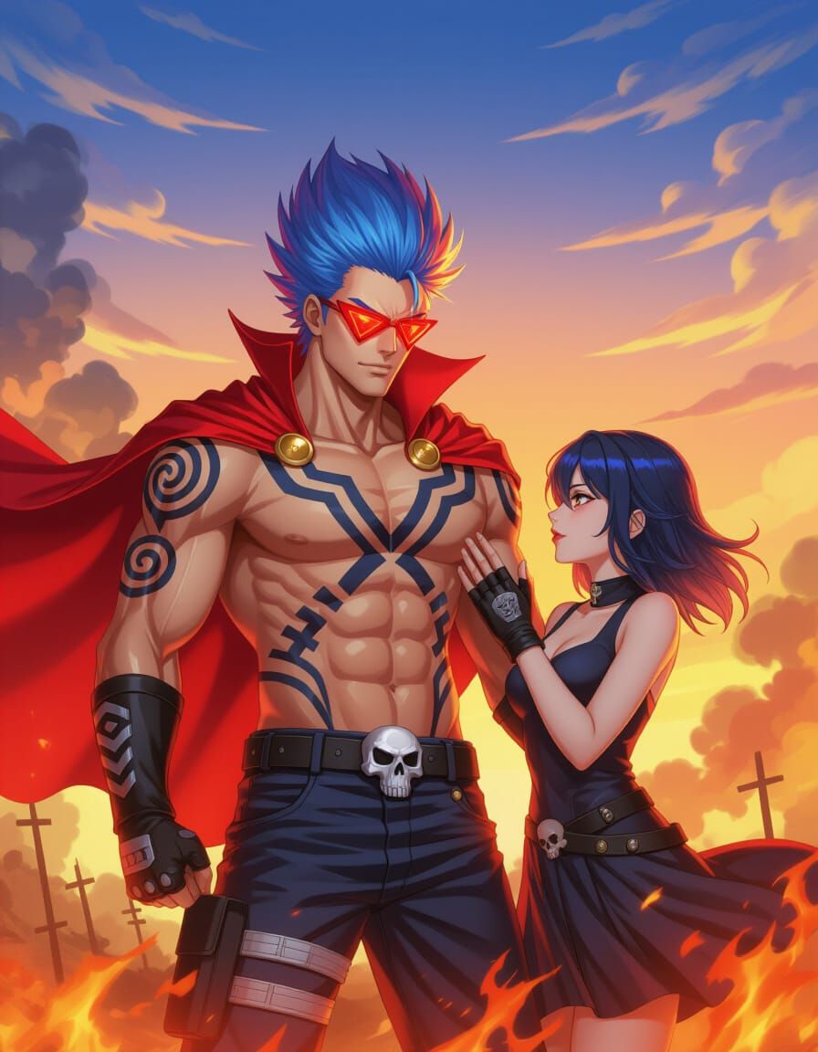 Heroic Man and Woman on Fiery Battlefield