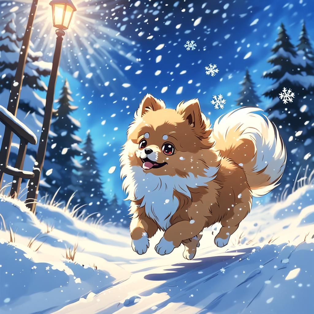 Pomeranian Puppy in Snowy Anime Style