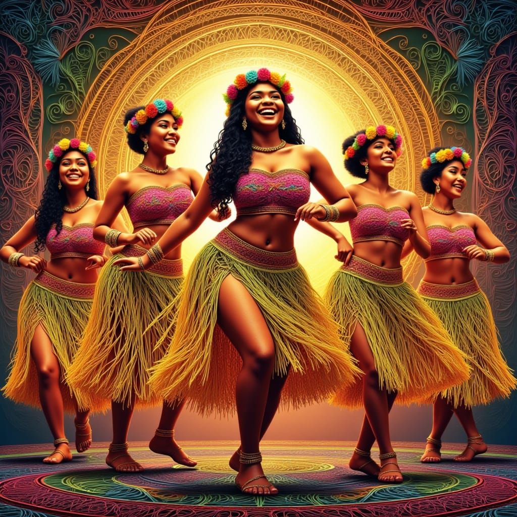 Joyful Hula Dancers in Floral Crowns on Stage