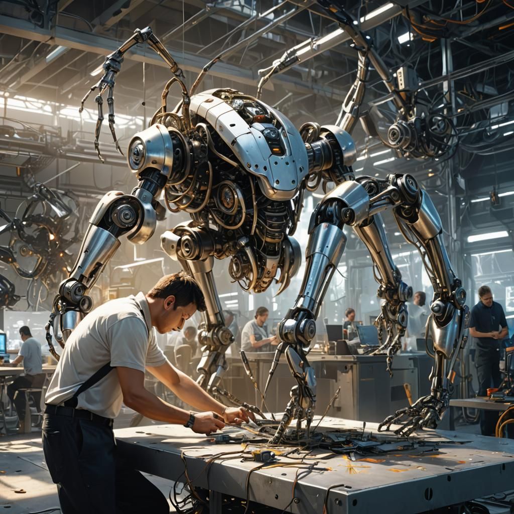 Mechanical Insect Repairs Robot Arm in Cyberpunk World