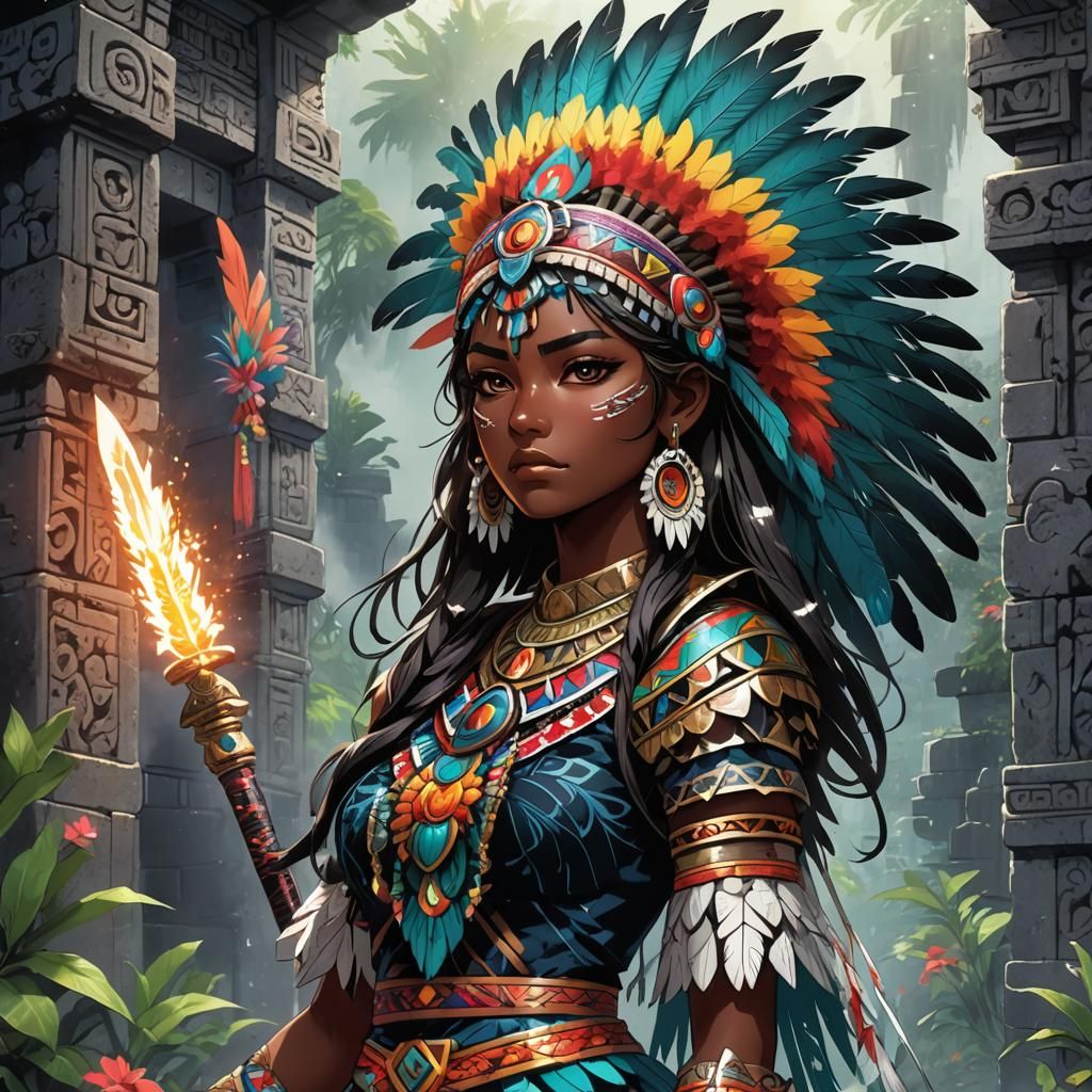 Aztec Anime Girl in Vibrant Manga Splash Art