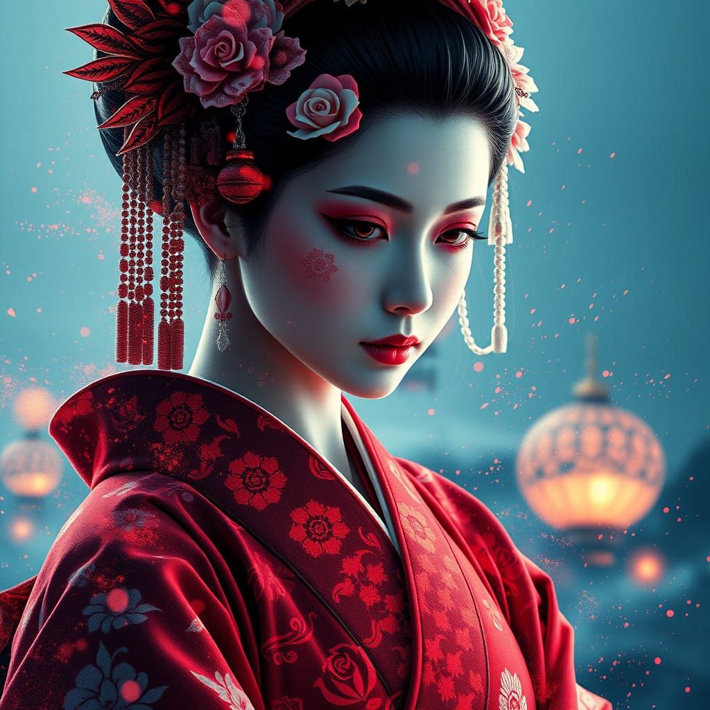 Ethereal Geisha in Vibrant Red Splendor