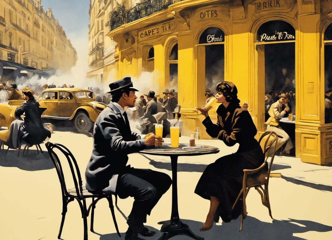 Parisian Cafe Scene Amidst Riots: Matte Painting