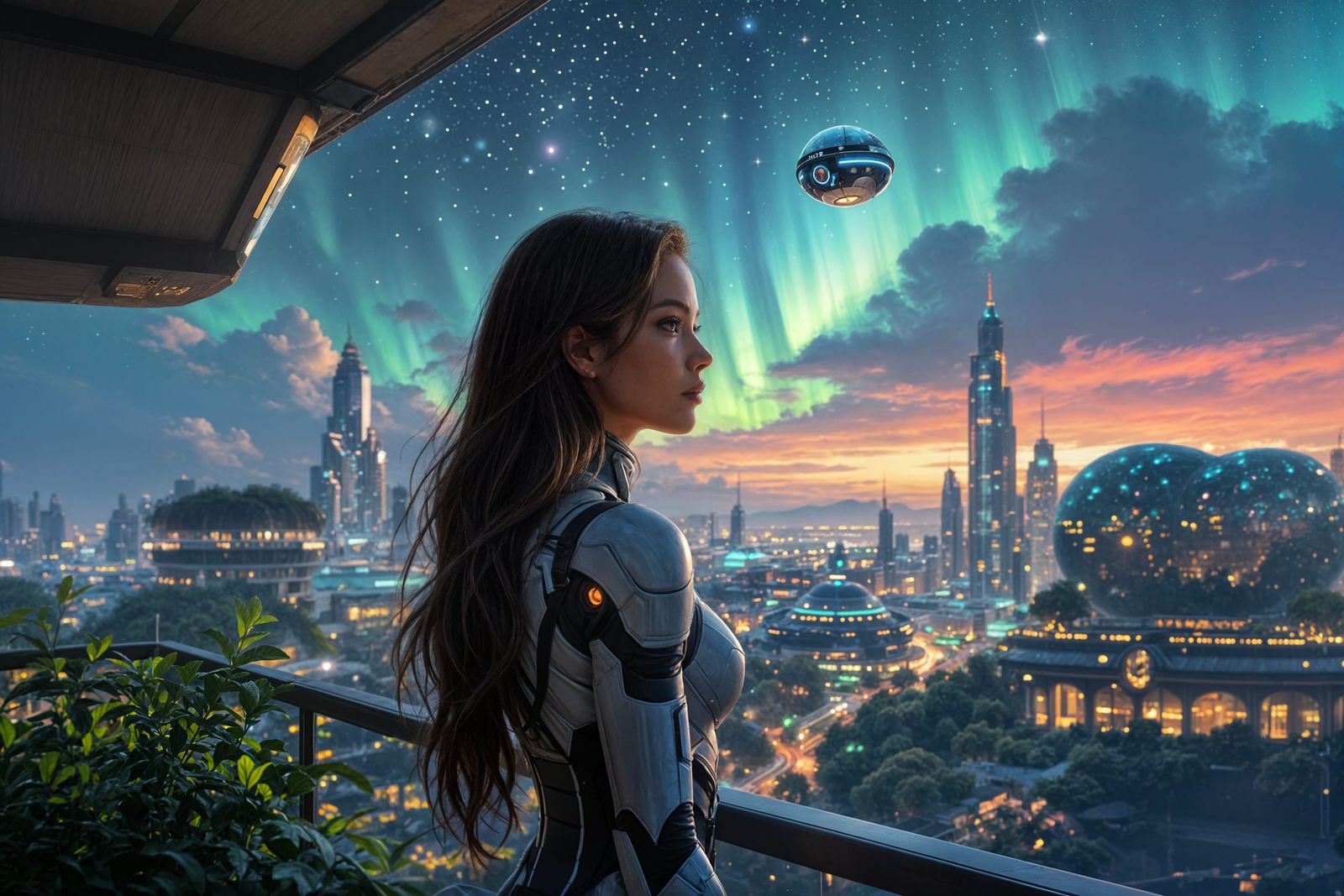 Woman on Balcony Gazing at Alien Cityscape