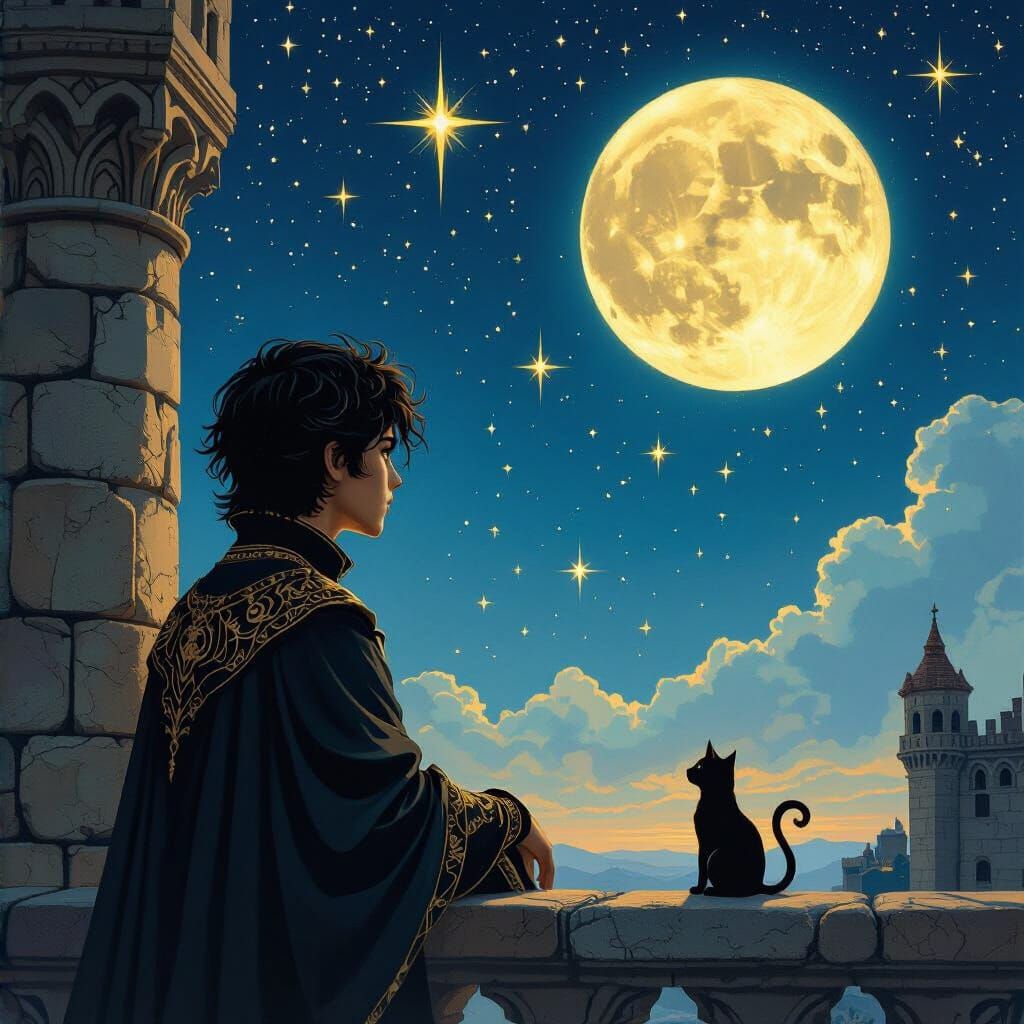 Starry Night Balcony Scene in Dark Surrealist Style