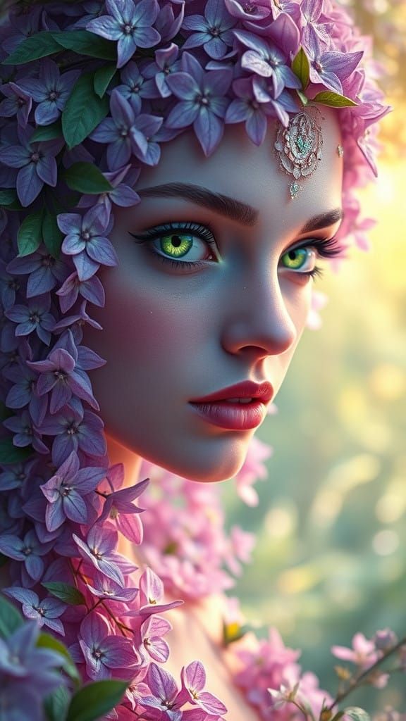 Surreal Goddess Born from Nature in Lavender Hued Leaves and...