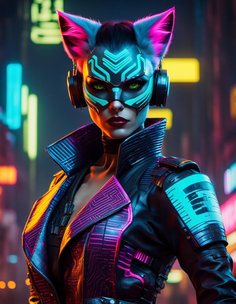 A cat woman with cat head,face and eyes dressed in extravaga...