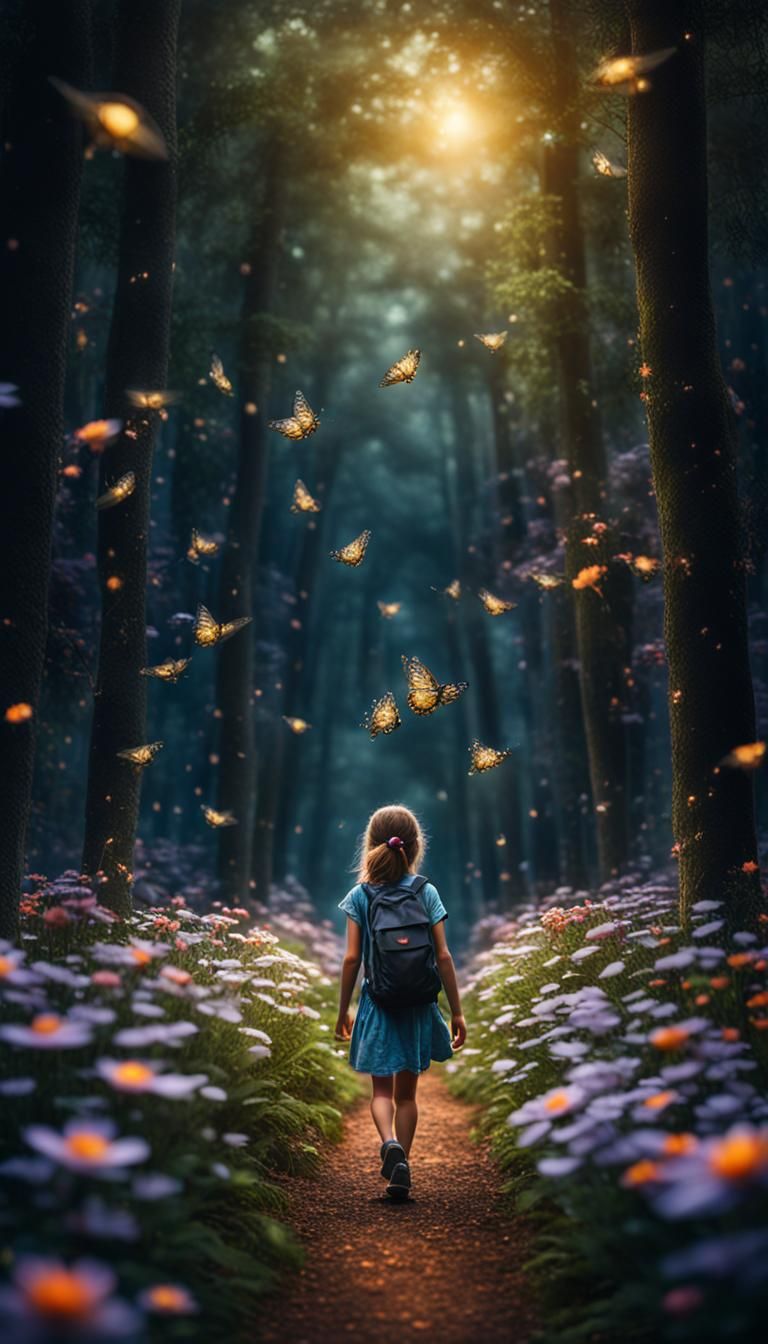 Hyperrealistic Girl in Forest with Fireflies