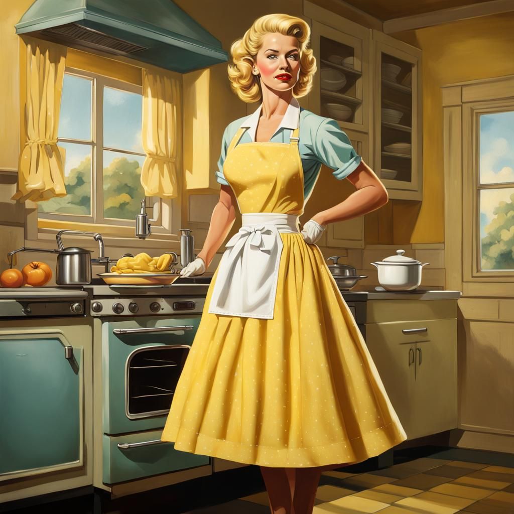 1950s Housewife in Kitchen, Hyperrealistic Style