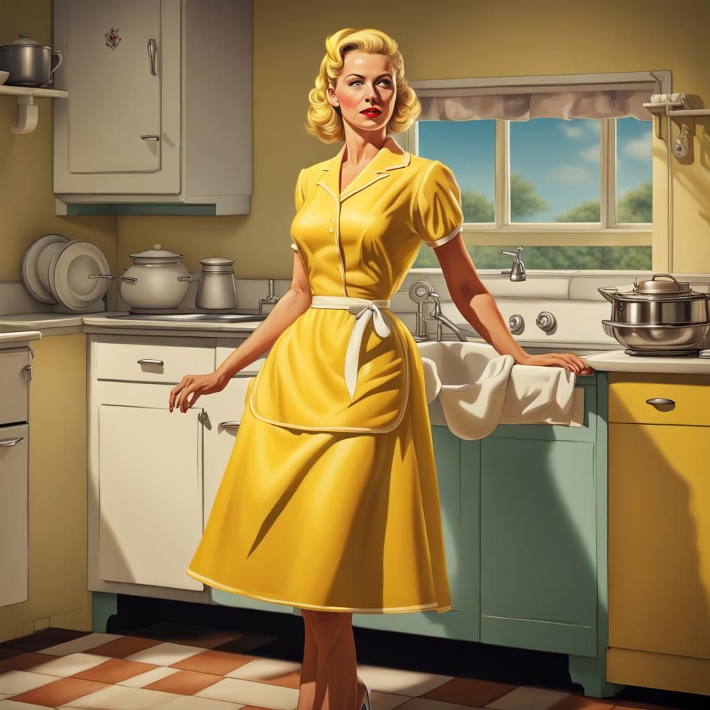 1950s Housewife in Kitchen: Hyperrealistic Concept Art