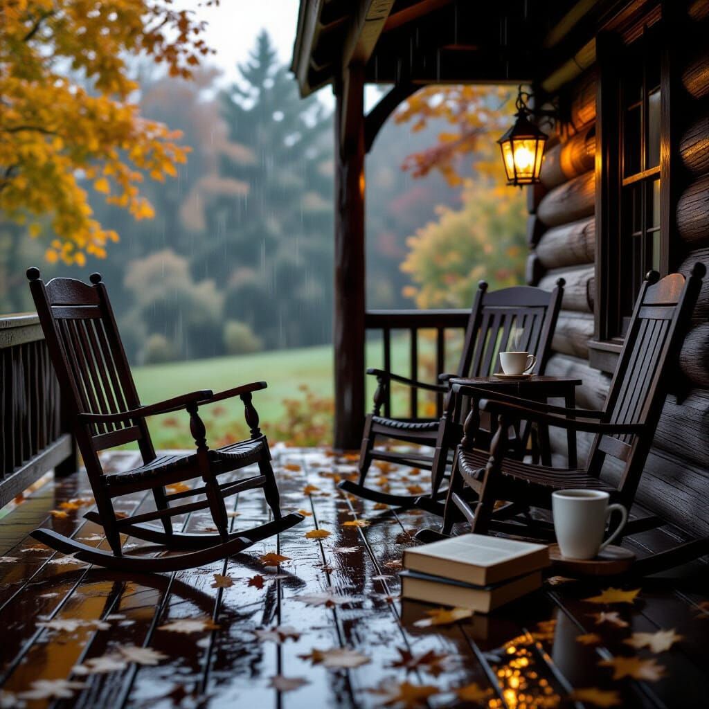 Cozy Autumn Porch in Gentle Rain