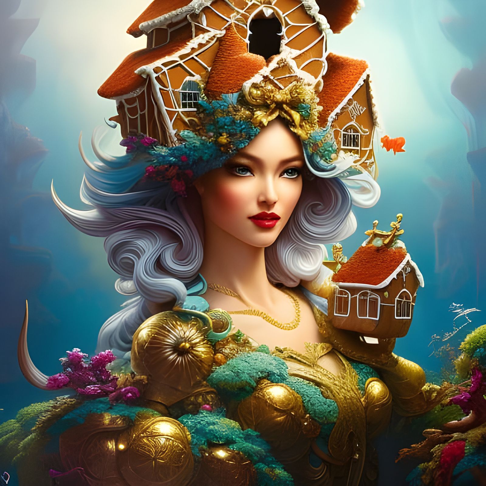 Woman on Gingerbread House in Fluid Acrylic Style
