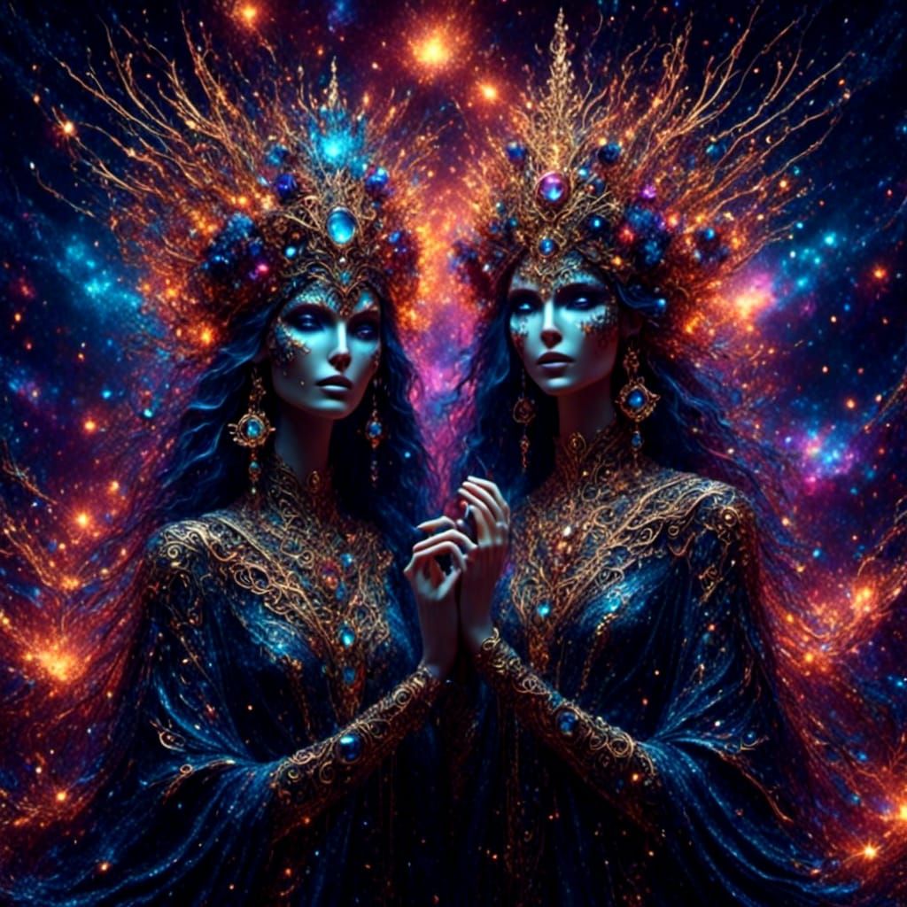 Gemini Goddesses in Surreal Cosmic Style