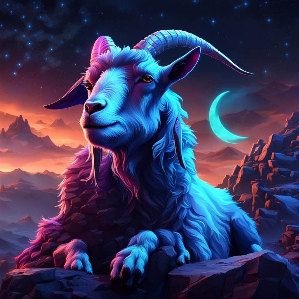 Cool Blue Goat with Neon Stars, Dark Fantasy