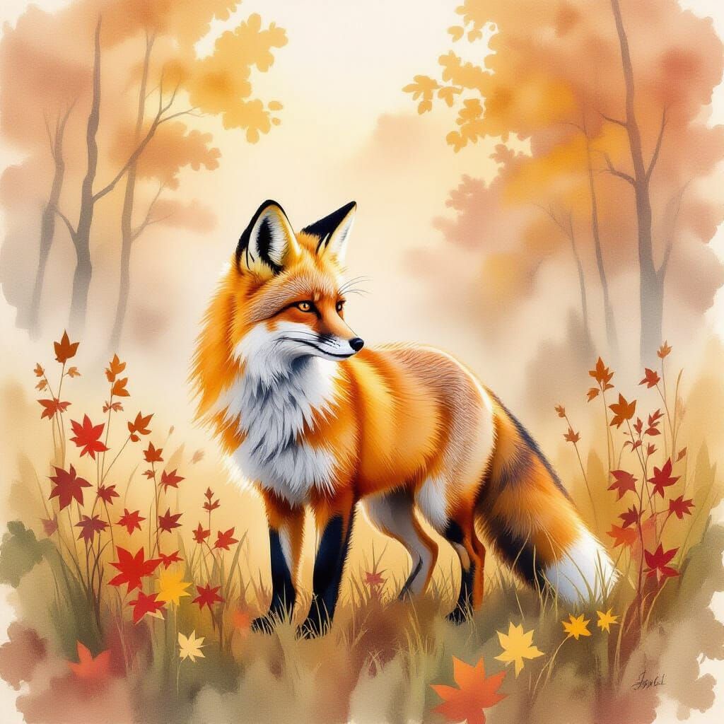 Red Fox in Misty Meadow, Watercolour Art