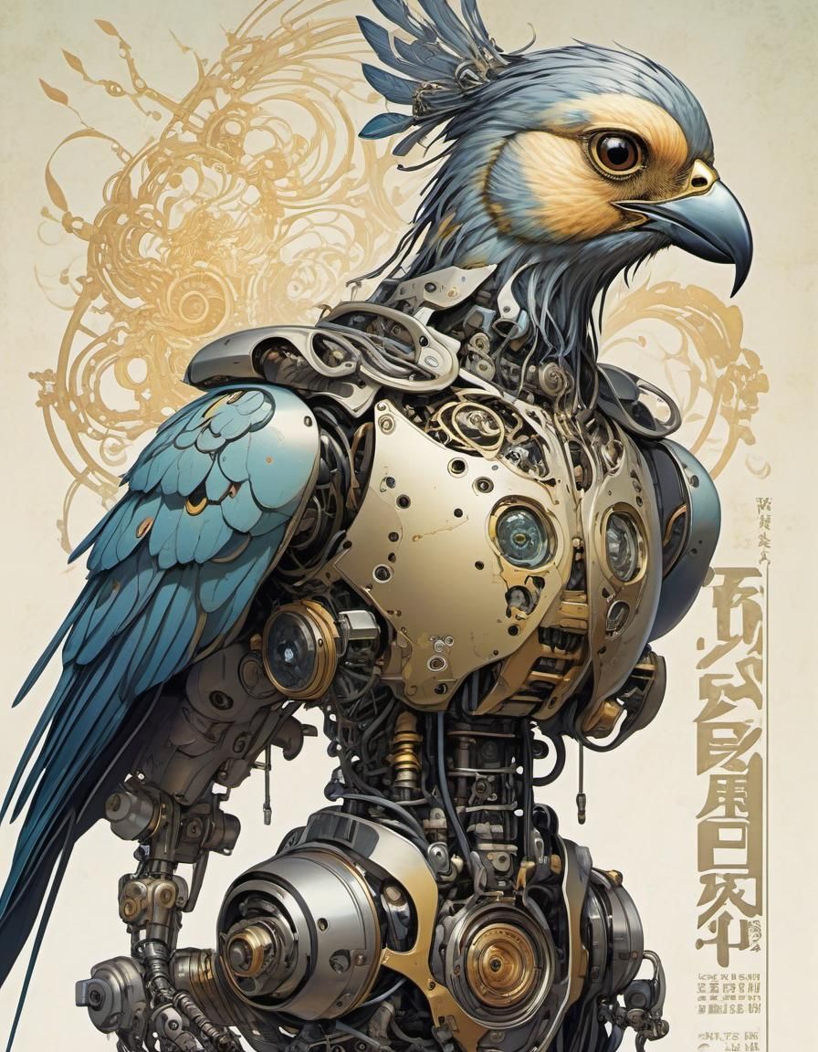 Gothic Cyborg Bird Portrait in Anime Style