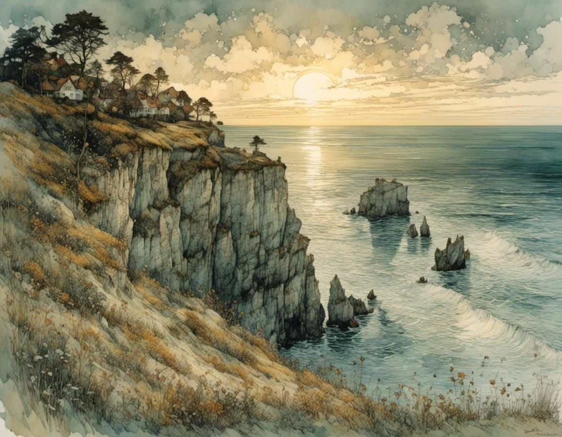 Dreamlike Chalk Coast Scene in Soft Evening Light