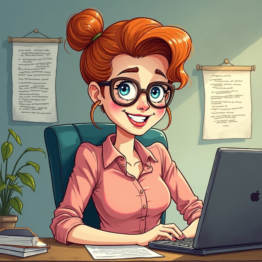 Rousse Woman in Red Shirt with Brown Glasses and Chignon