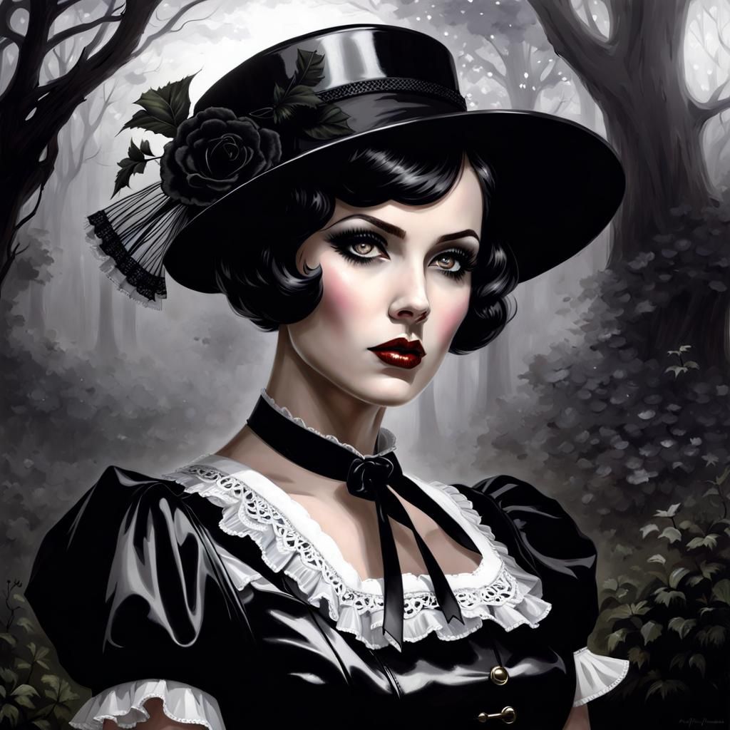 Gothic French Maid in Foggy Garden, Royo Style