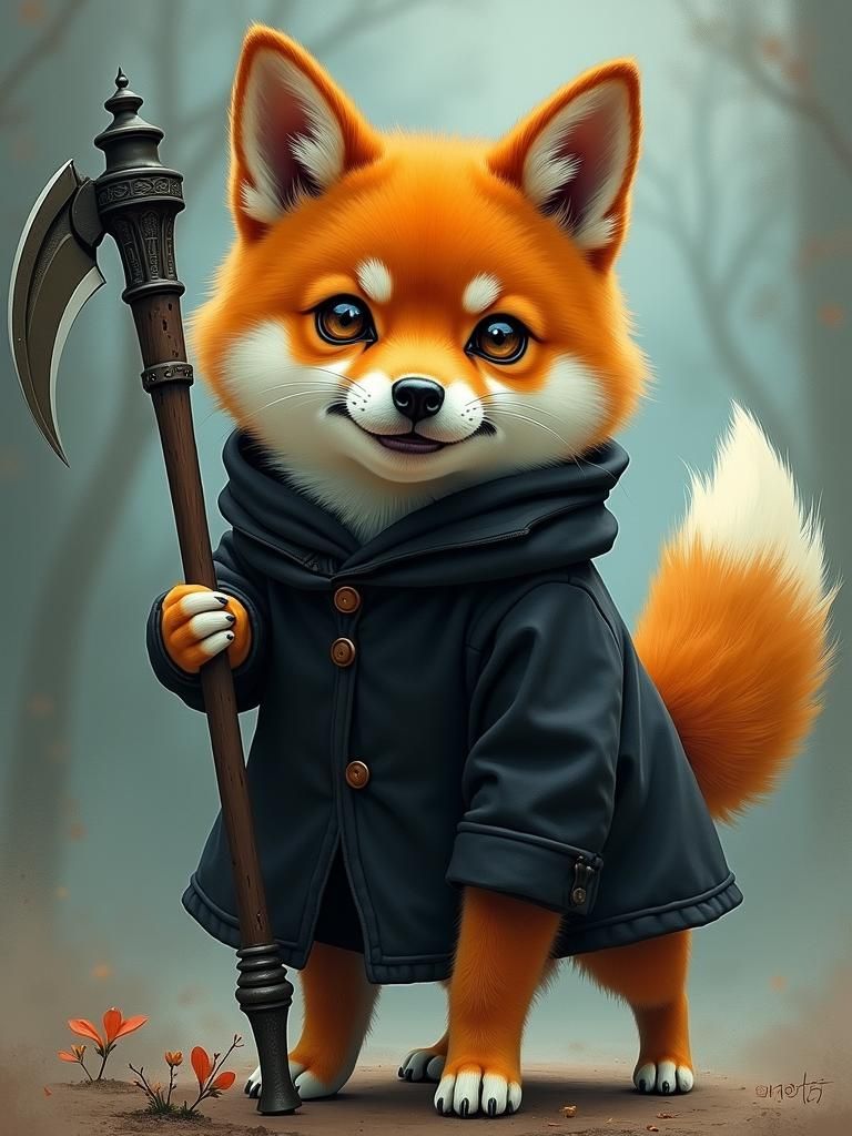 Fox-Like Shiba Inu with Scythe in Folklore Style