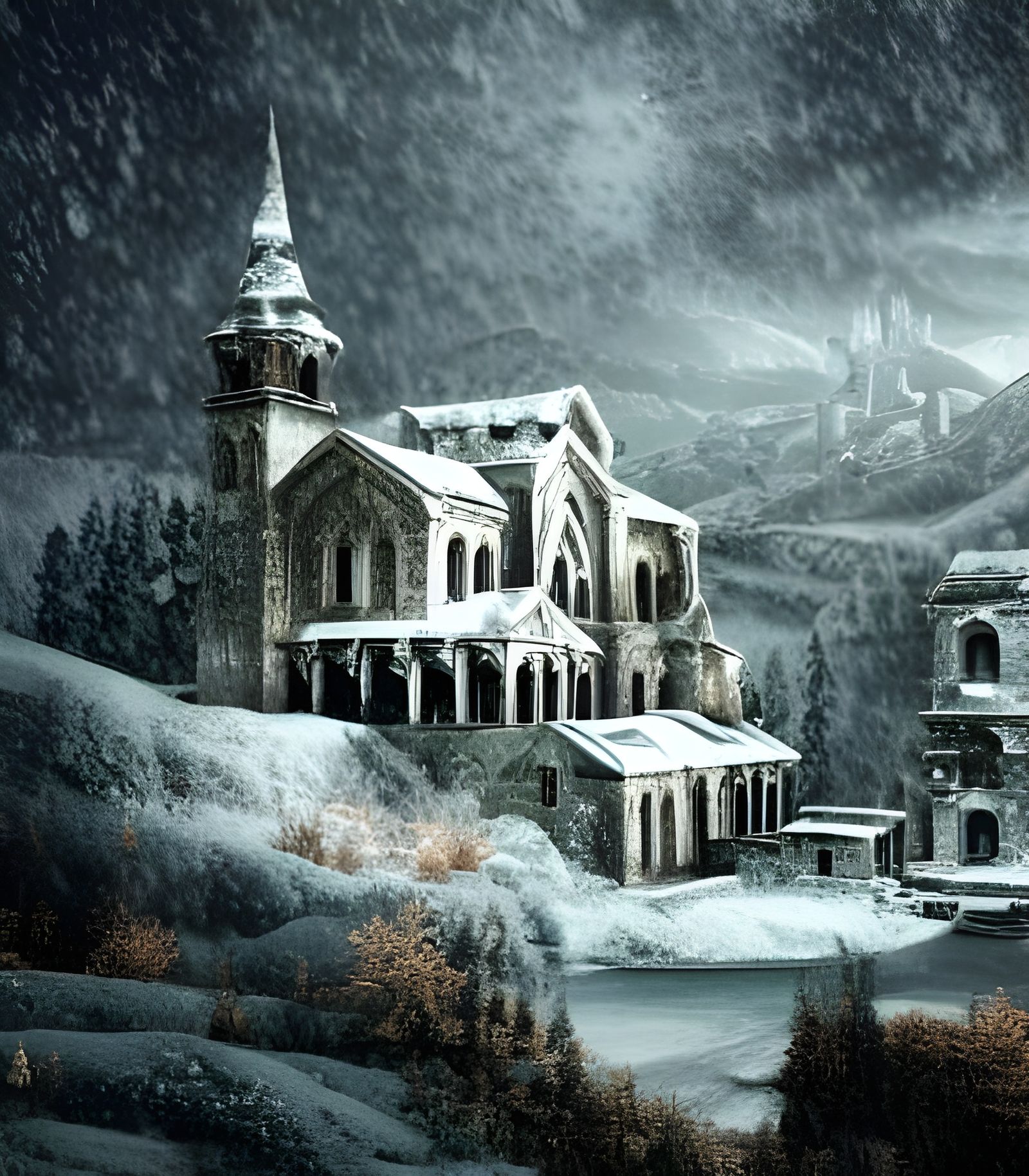 Snowy Mountain Monastery in Film Noir Style