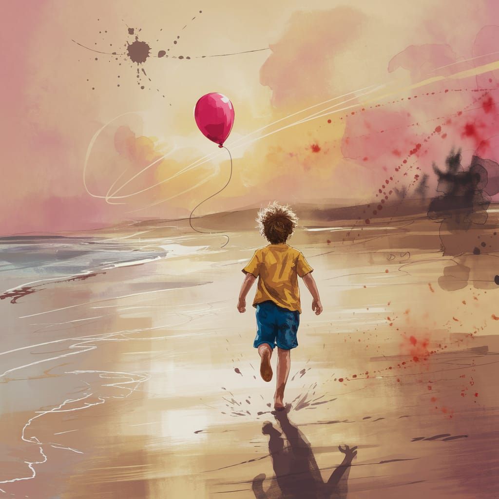 Boy Chasing Balloon on Beach with Watercolor Sky