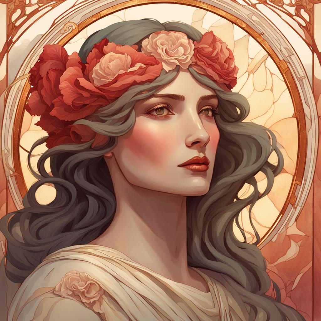 Elegant Woman in Rosy Chiton: Art Nouveau Portrait