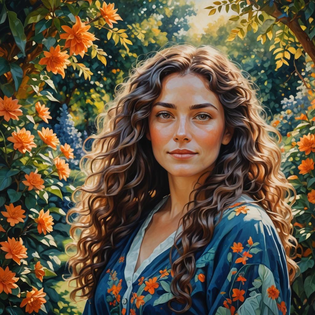 Beautiful Woman Portrait in Serene Garden, Digital Art