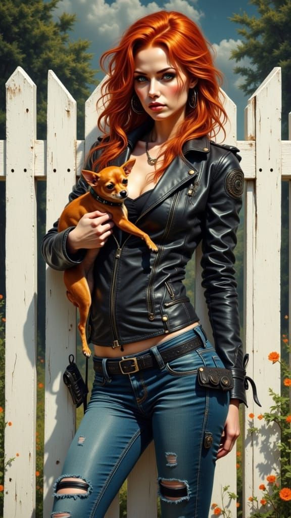 Redhead Biker Woman with Chihuahua in Oil Painting Style