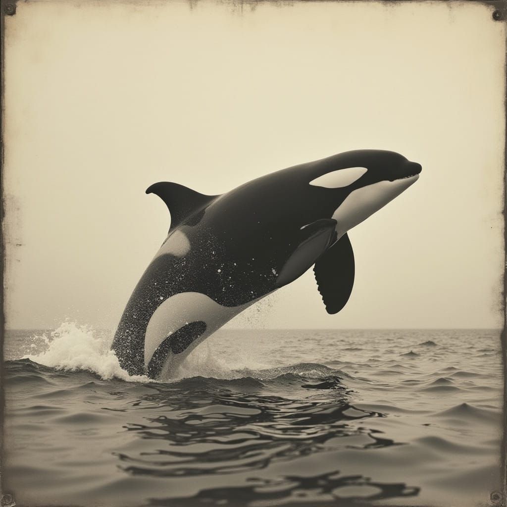 Vintage-Style Black and White Orca Whale in Full Breach