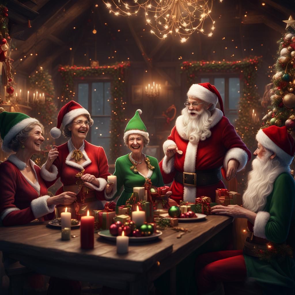 Christmas Elves Party with Santa, Detailed Digital Painting