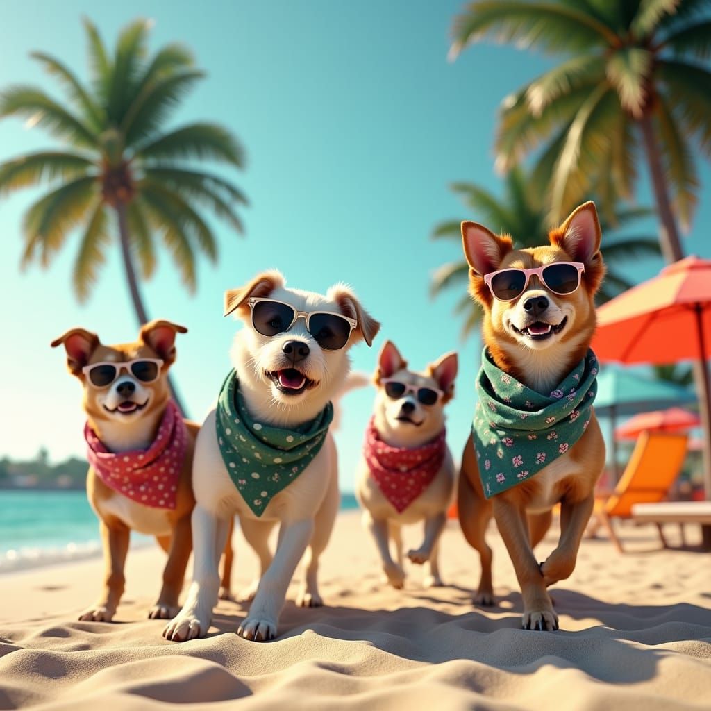 Dogs in Beachwear: A Whimsical Fantasy Scene