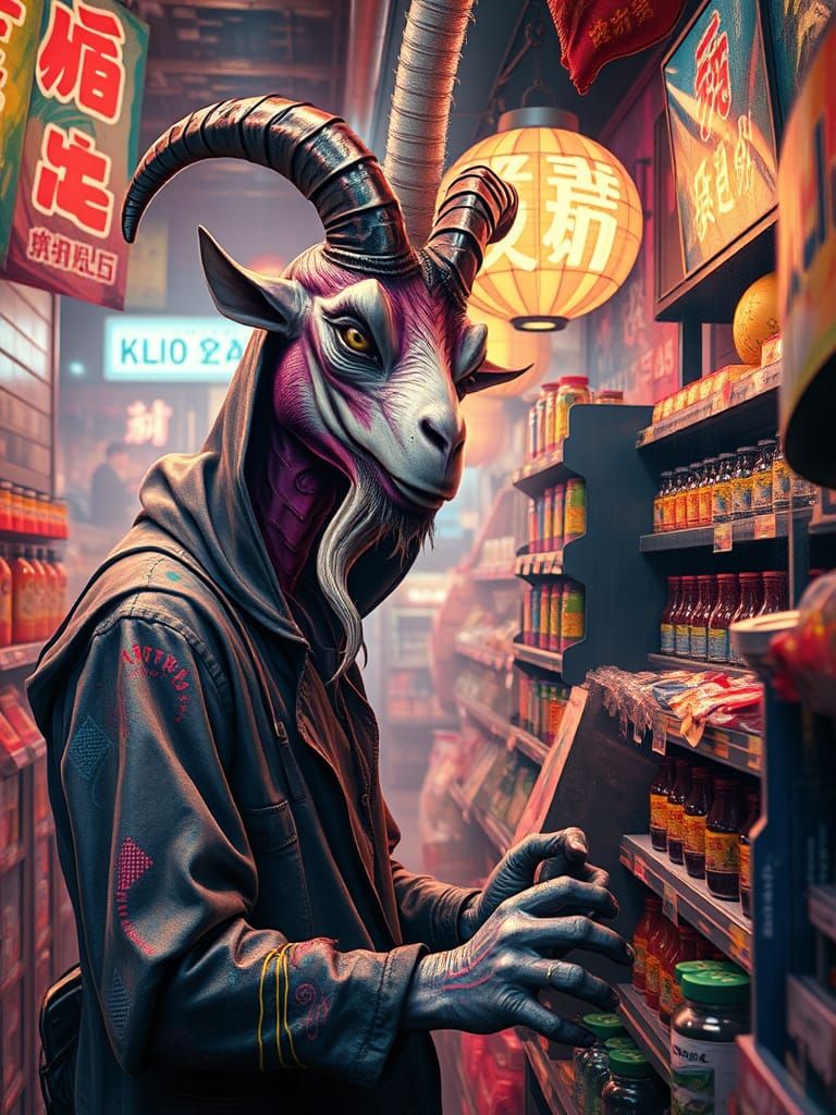 Surreal Asian Grocery Store Demon Lord in Vibrant Splash Art...