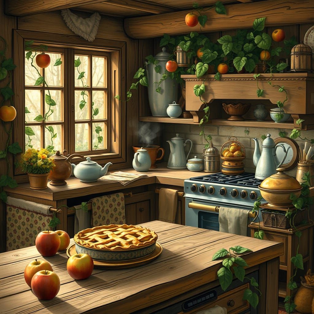 Nature Overgrowing Cottage Kitchen in Folk Art Style