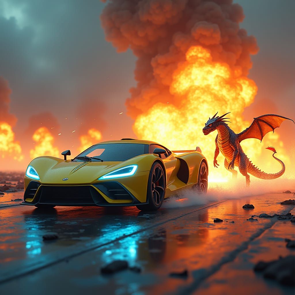 Futuristic Sports Car and Dragon in Explosive Escape